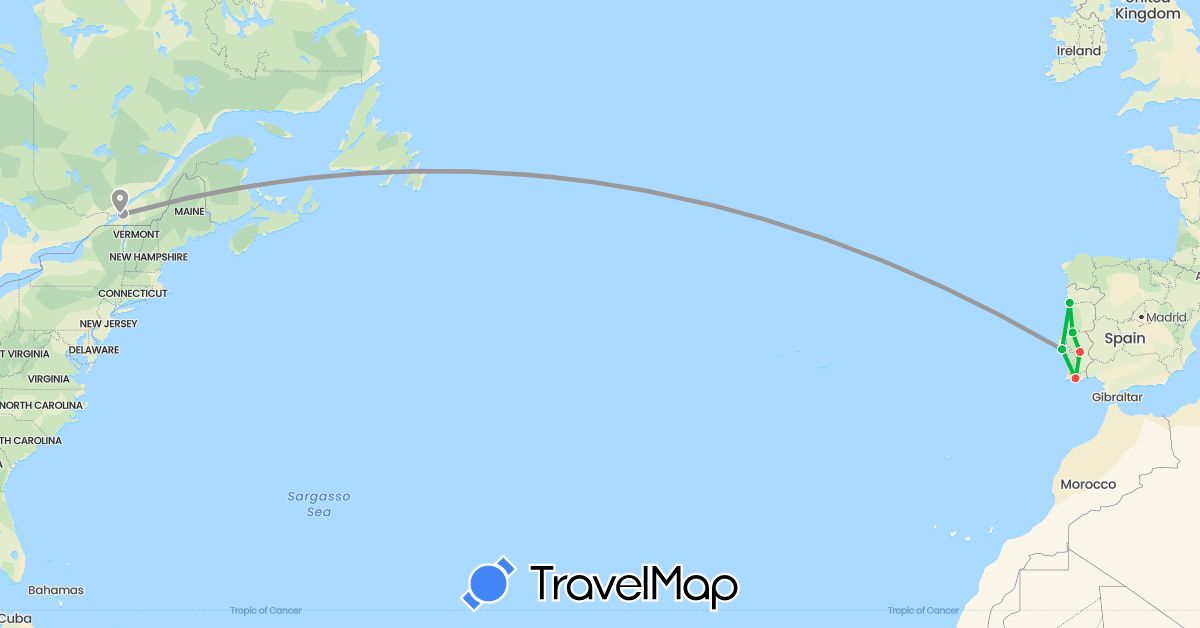 TravelMap itinerary: bus, plane, hiking in Canada, Portugal (Europe, North America)