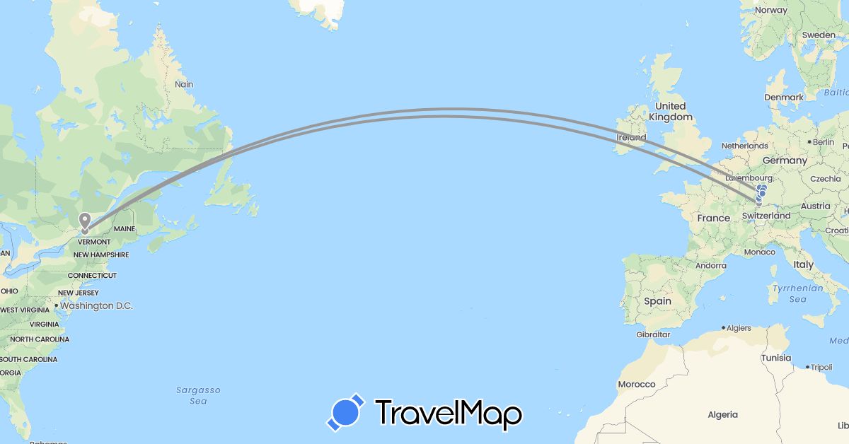 TravelMap itinerary: driving, plane, cycling in Canada, France (Europe, North America)