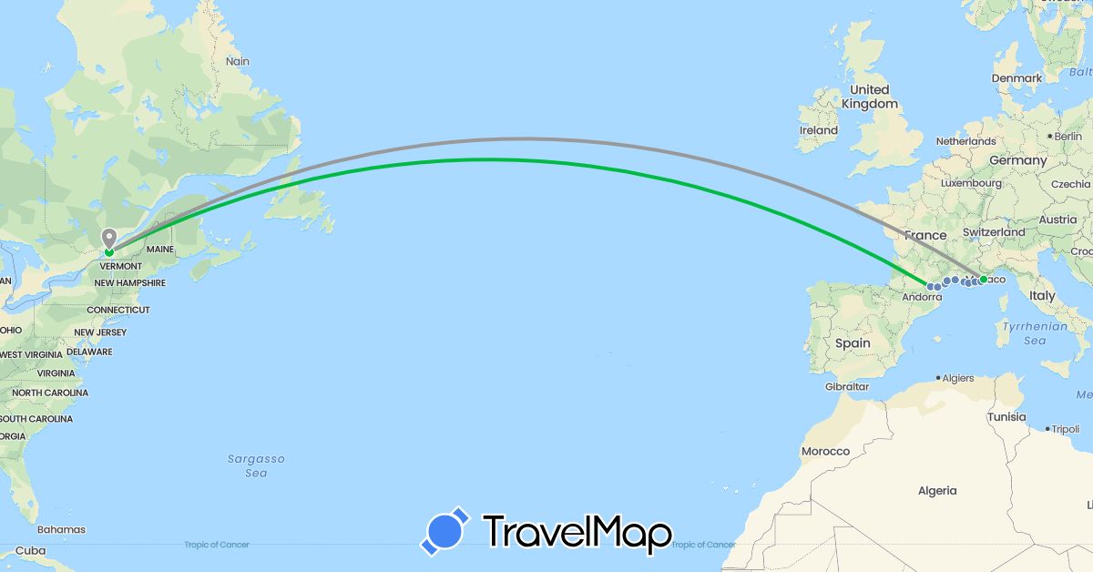 TravelMap itinerary: driving, bus, plane, cycling in Canada, France (Europe, North America)