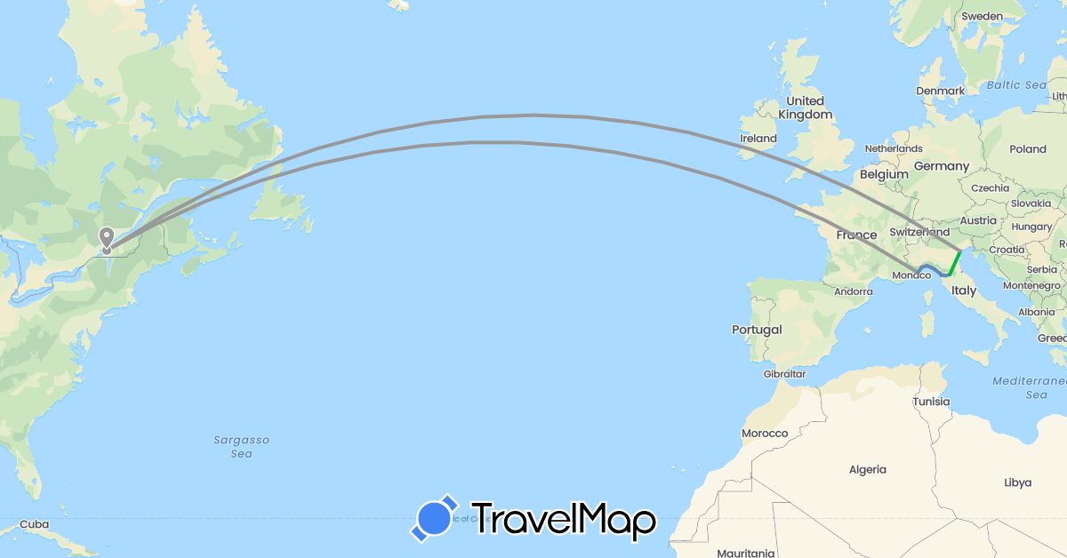 TravelMap itinerary: driving, bus, plane, cycling, hiking in Canada, Italy (Europe, North America)