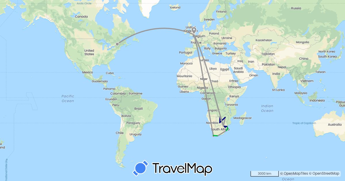 TravelMap itinerary: driving, bus, plane, hiking in Botswana, Canada, United Kingdom, Swaziland, South Africa, Zimbabwe (Africa, Europe, North America)