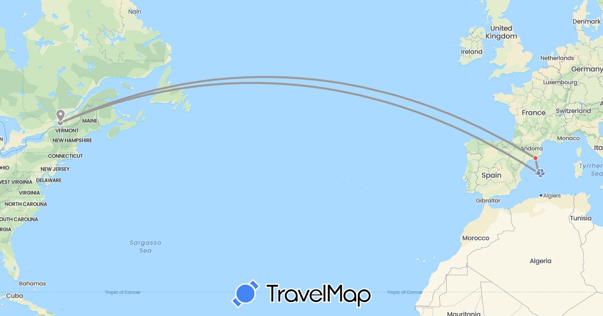 TravelMap itinerary: plane, cycling, hiking in Canada, Spain (Europe, North America)